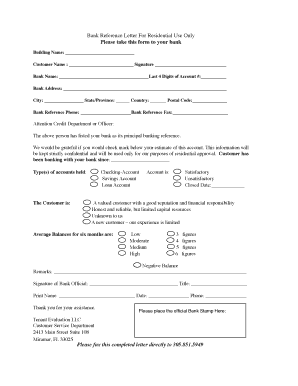 Bank Reference Letter Tenant Evaluation  Form