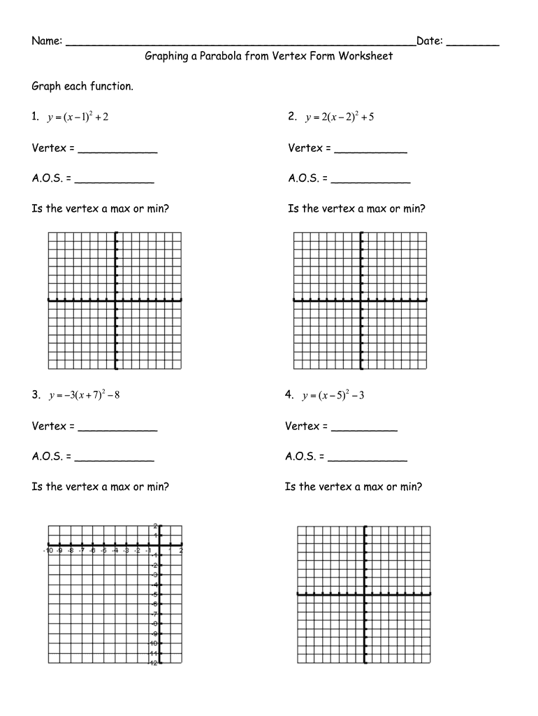 Graphing a Parabola from Vertex Form Worksheet