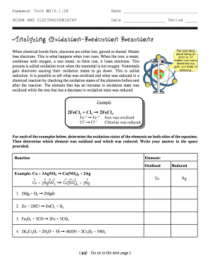Analyzing Oxidation Reduction Reactions Worksheet Answers  Form
