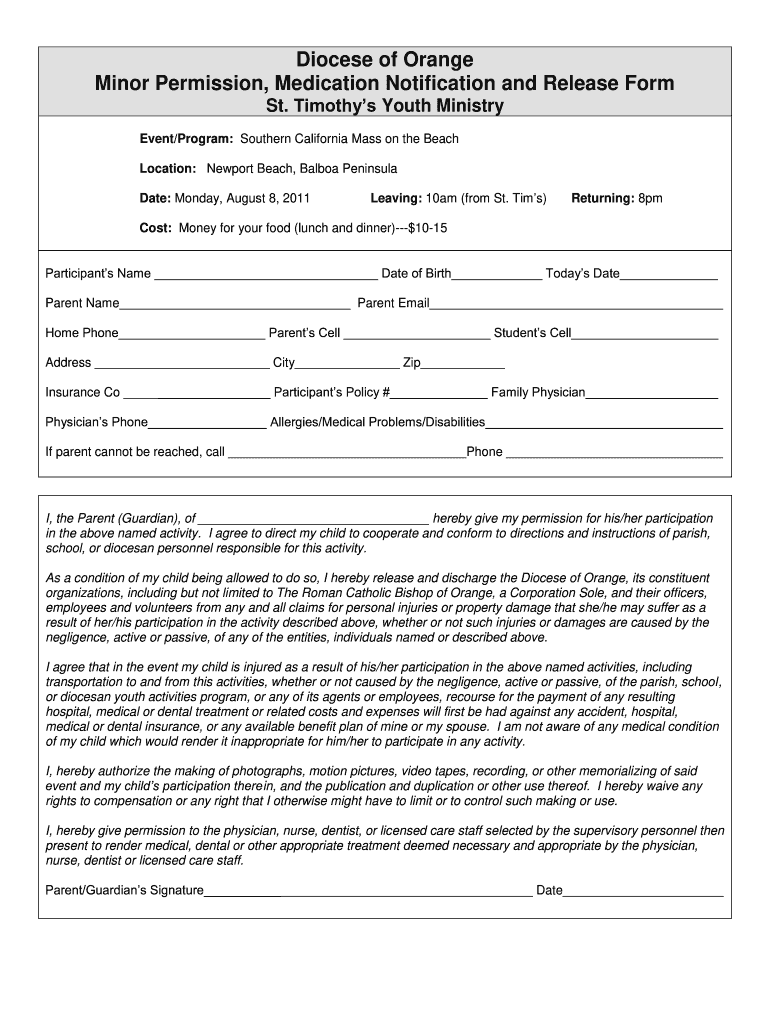 Diocese of Orange Minor Permission Medication Notification and Bb  St Timsrc  Form