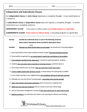 Subordinate Clause Worksheet PDF  Form