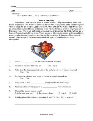 Boston Tea Party Worksheet PDF  Form