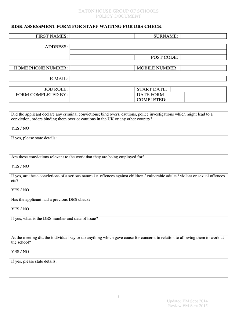 Risk Assessment Form for Staff Waiting for DBS Checks