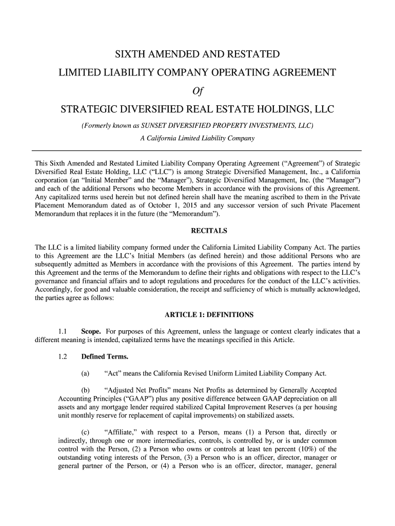 Operating Agreement October 1 B2015b  Strategic Holdings  Form