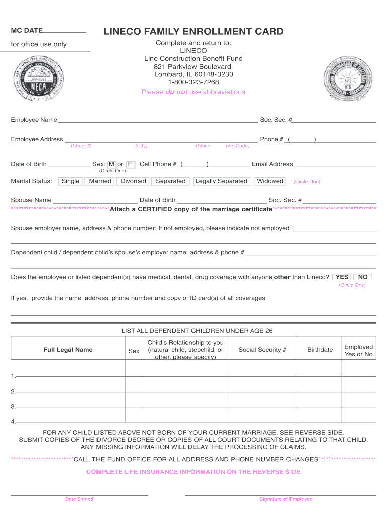 Lineco Family Enrollment Card  Form
