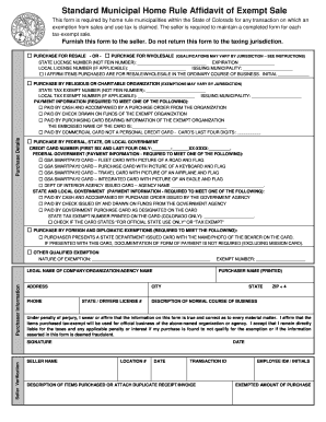 Standard Municipal Home Rule Affidavit of Exempt Sale  Form