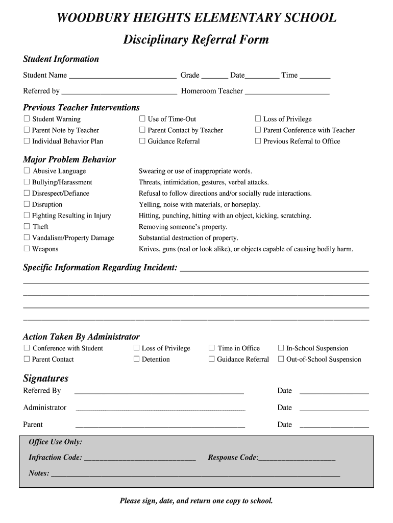 Get and Sign Disciplinary Referral Form Woodbury Heights Elementary School