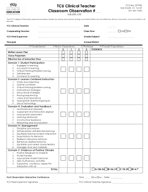 Classroom Observation Form Graduate College of Education Coe Tcu