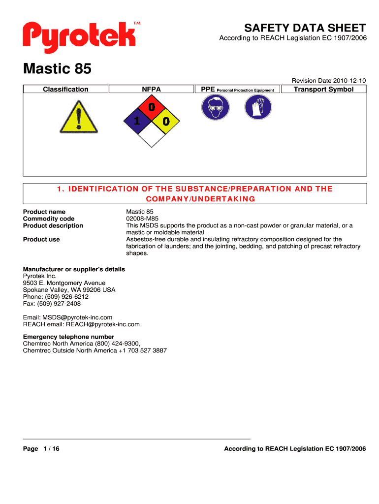Pyrotek Mastic 85 Sds  Form