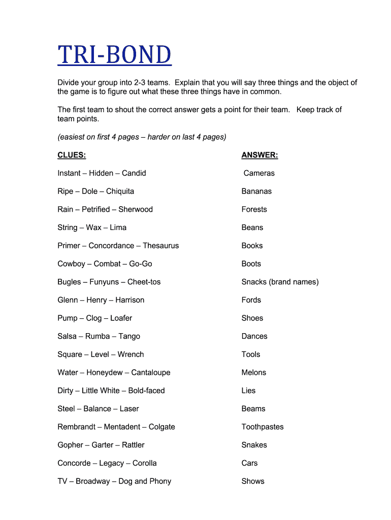 Printable Tribonds with Answers  Form