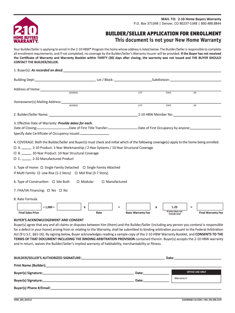 HBW 302 2 10 Home Buyers Warranty  Form