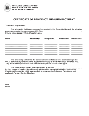 Certificate of Residency and Unemployment  Form