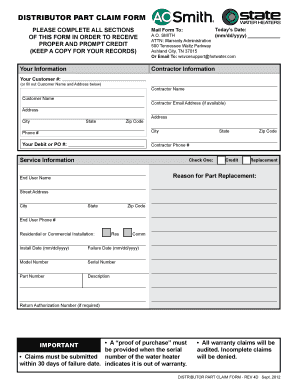 DISTRIBUTOR PART CLAIM FORM AO Smith Water Heaters