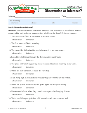 Science a Z Worksheet Observation or Inference Answer Key  Form