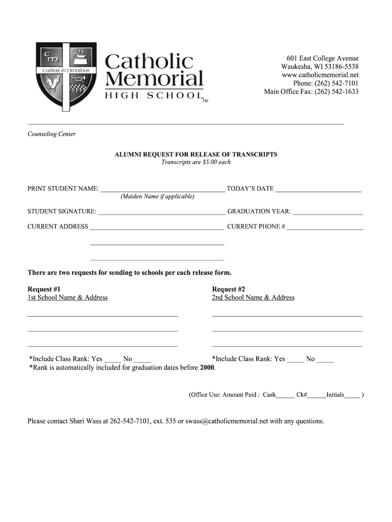 Transcript Request Catholic Memorial High School  Form