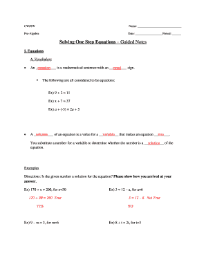 One Step Equations Guided Notes PDF  Form