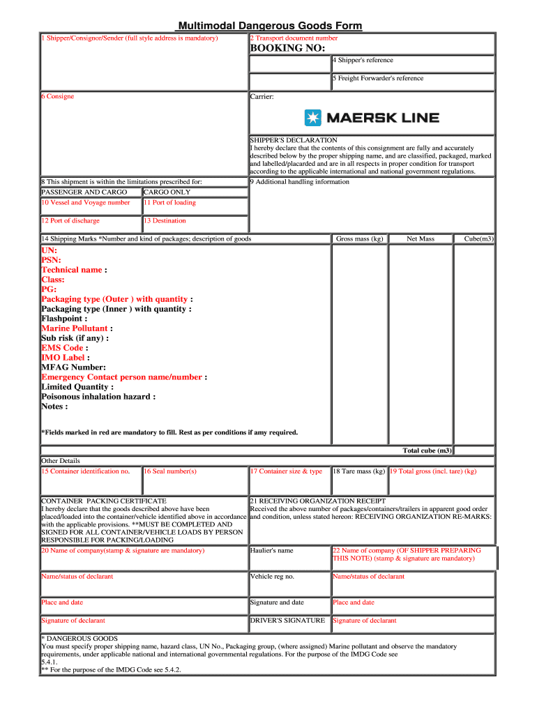 Multimodal Dangerous Goods Form BOOKING NO Maersk Line