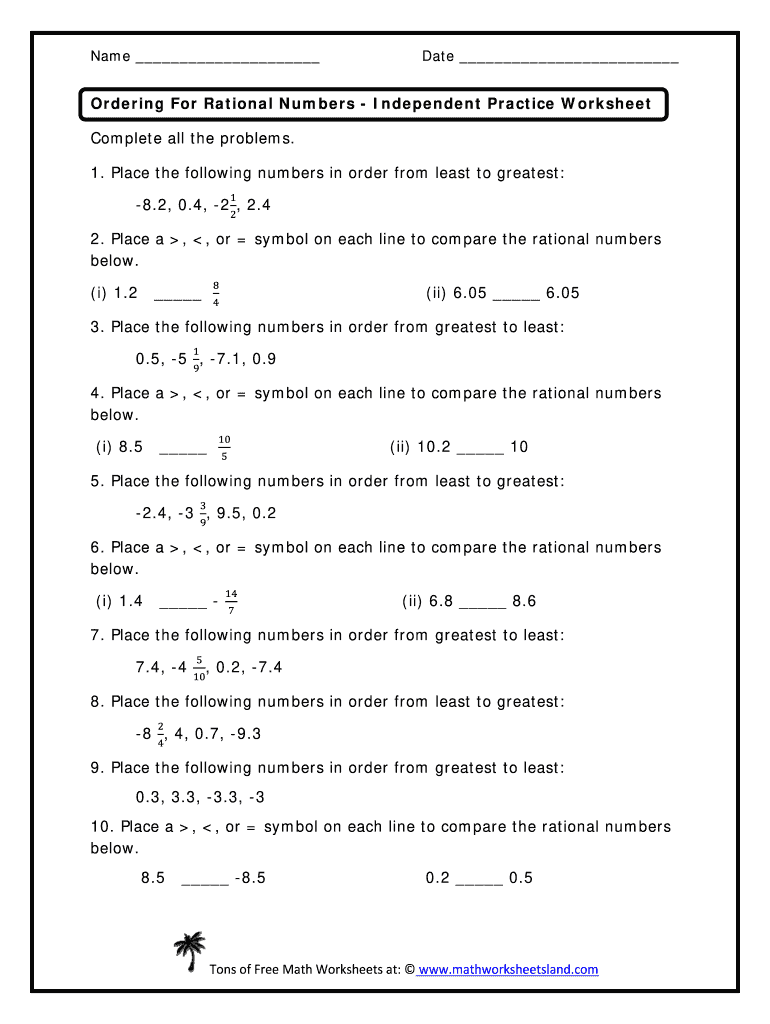 Comparing and Ordering Rational Numbers Worksheet Answer Key PDF  Form