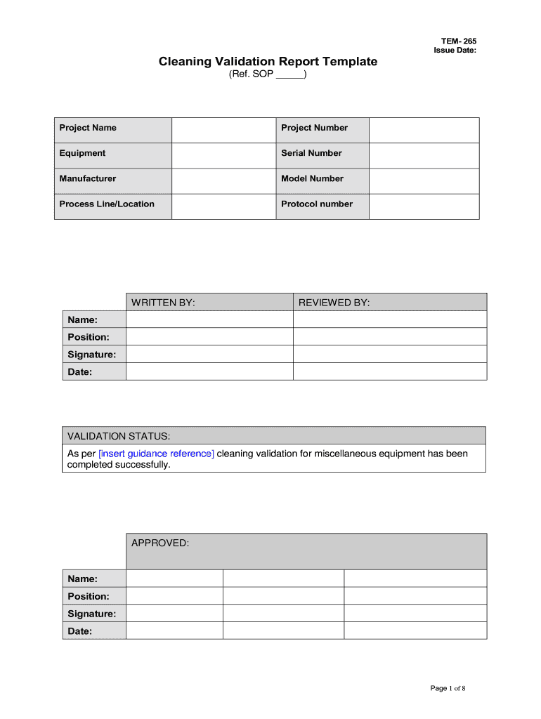 Cleaning Validation Report Template  Form