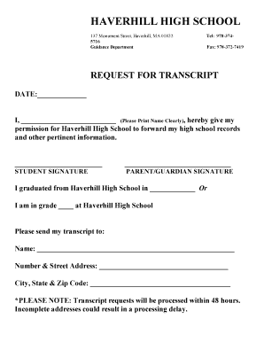 Transcript Request Haverhill High School Hhs Haverhill Ps  Form