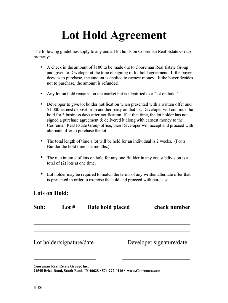  Deposit to Hold a Lot on Subdivision Form 2006-2024