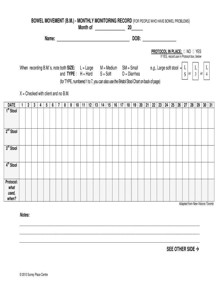 Daily Bowel Movement Chart Template  Form