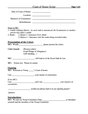 Bsa Court of Honor Script  Form