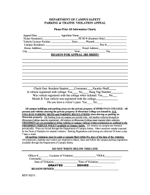 Parking Traffic Violation Appeal Moravian College Home Moravian  Form