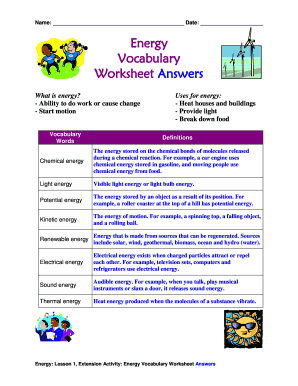 Energy Vocabulary Worksheet Answer Key  Form