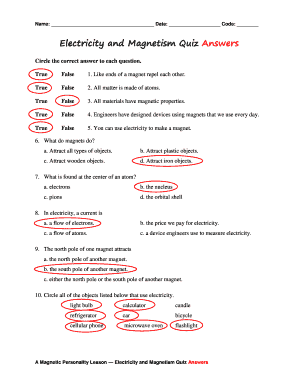 Electricity Quiz Answers  Form