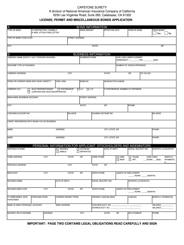 LICENSE, PERMIT and MISCELLANEOUS BONDS APPLICATION  Form