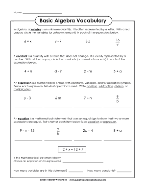 Algebra Vocabulary Worksheet PDF  Form