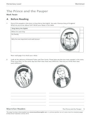 The Prince and the Pauper Worksheets PDF  Form