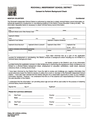Rockwall Isd Background Check  Form