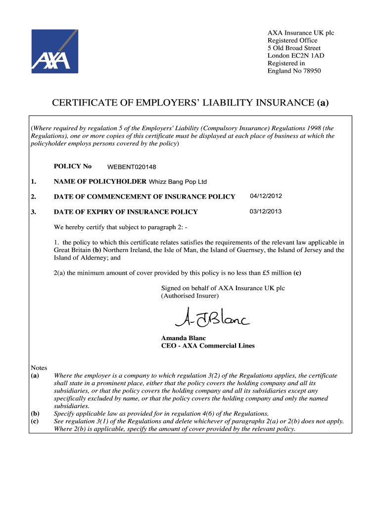 Certificate of Employers Liability Insurance Amanda Bla Whizzbangpop Co  Form