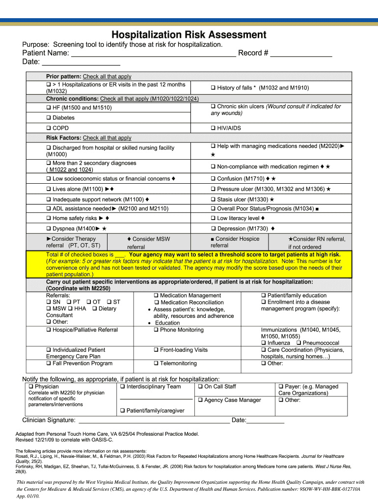 Hospitalization Risk Assessment CHAMP  Form