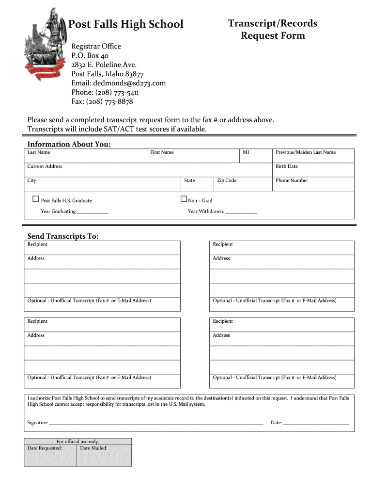 Transcript Request  Post Falls School District  Form