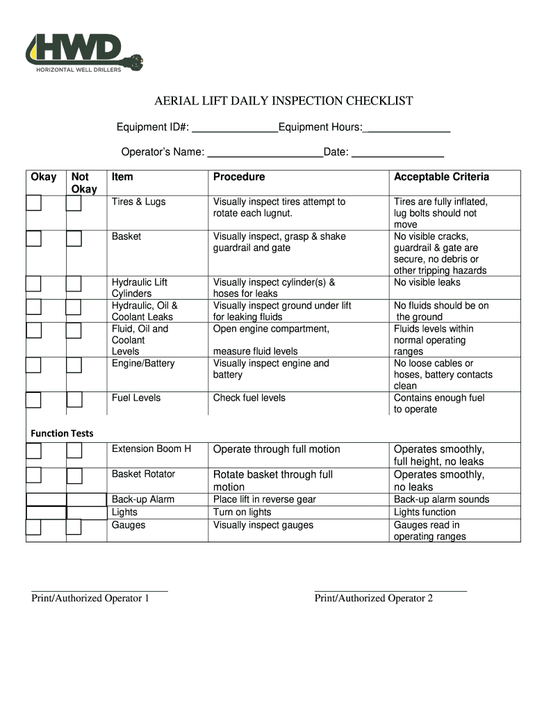 AERIAL LIFT DAILY INSPECTION CHECKLIST  Form
