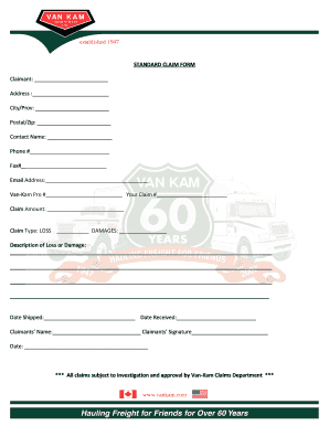 STANDARD CLAIM FORM Van Kam Freightways Ltd