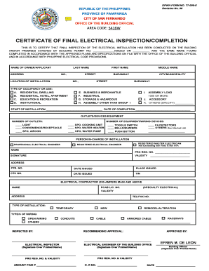 Certificate of Electrical Inspection Sample  Form