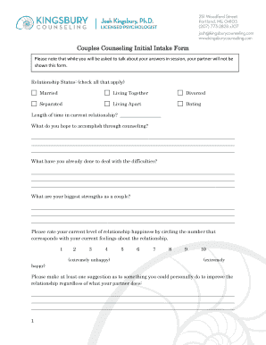 Couples Counseling Initial Intake Form Please Note that While You Will Be Asked to Talk About Your Answers in Session, Your Part