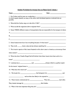 Student Worksheet for Strange Days on Planet Earth Volume 1  Form