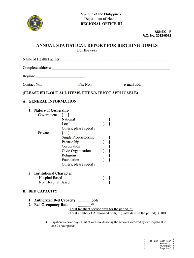  Annual Statistical Report for Birthing Homes DOH Central Luzon 2013