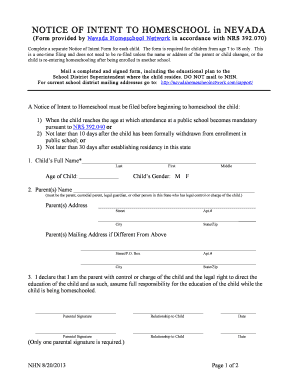 Notification of IntentNHN Nevada Homeschool Network  Form