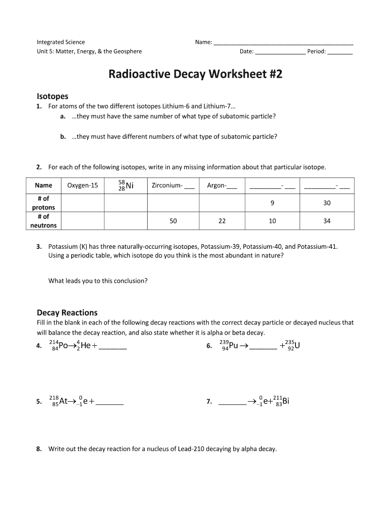 Radioactive Decay Worksheet Answers  Form