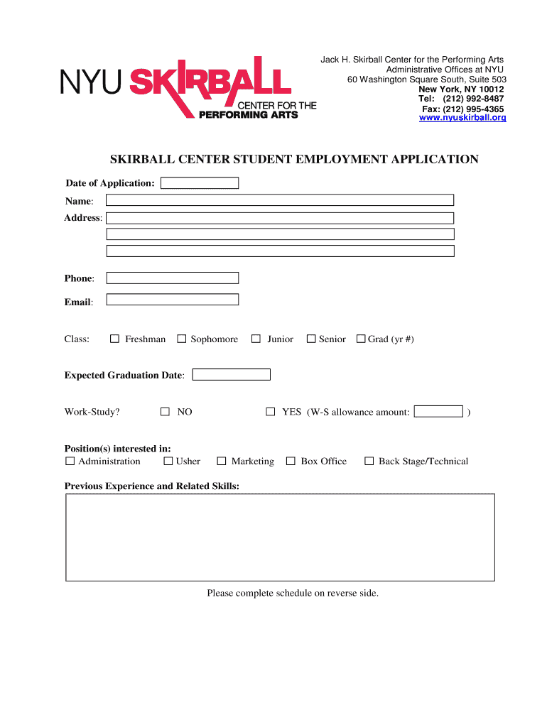 Skirball Center Student Employment Application  NYU Skirball  Form