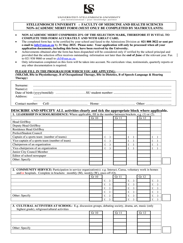  Non Academic Merit Form Stellenbosch University 2015