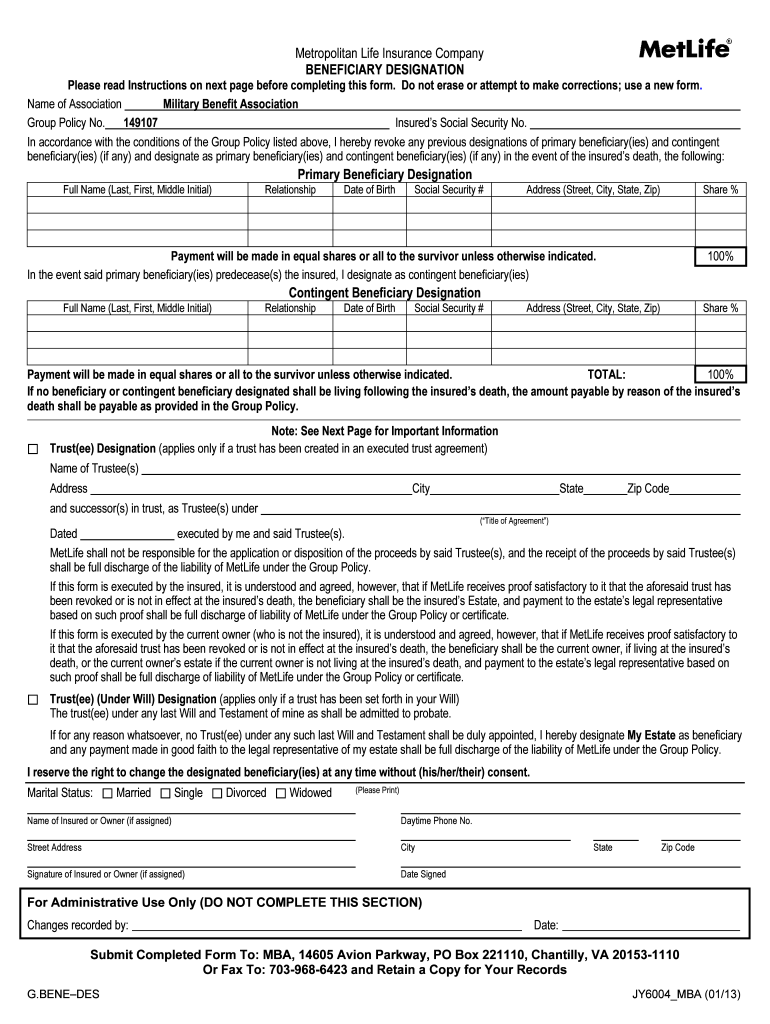  Metlife Form Beneficiary Insurance 2013-2024