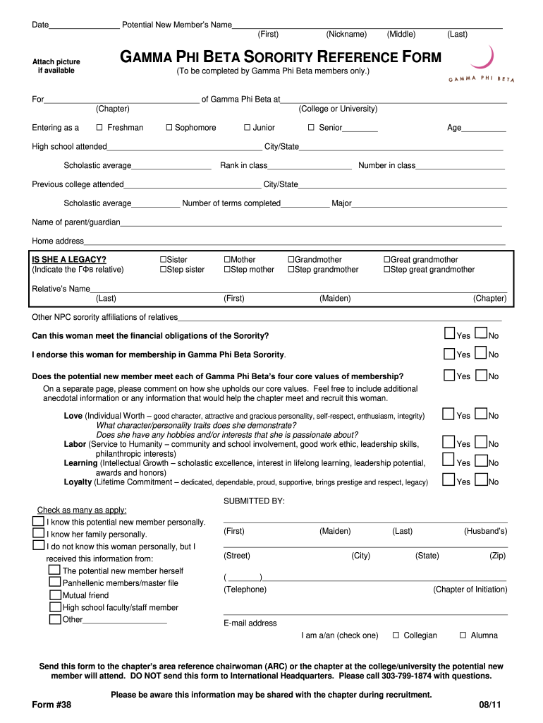  Gamma Phi Beta Recommendation Form 2011-2024