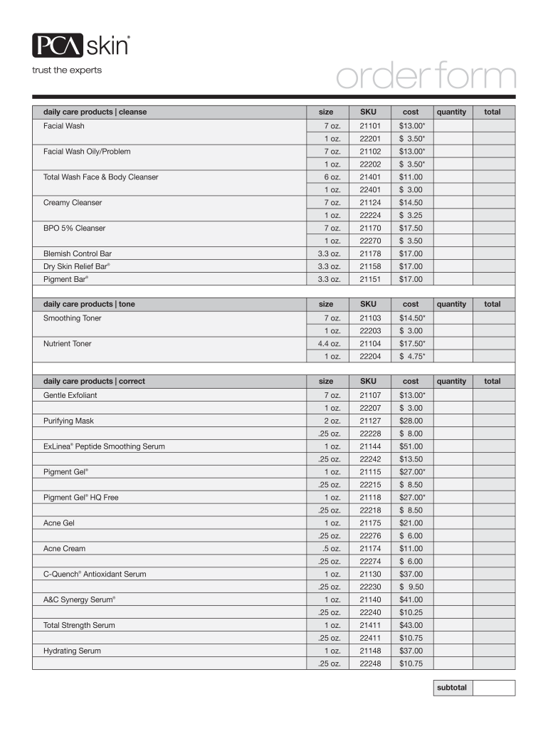 Pca Skin Professional Price List  Form